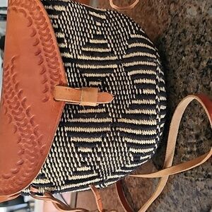 Vintage Tooled Brown Leather & Woven Sisal Crossbody Small Bag
